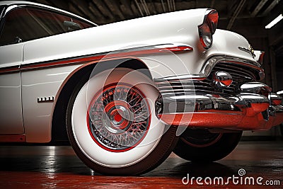 retro car wheels, polished chrome and whitewall tires Stock Photo