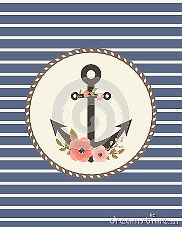 Retro card template with floral anchor Vector Illustration