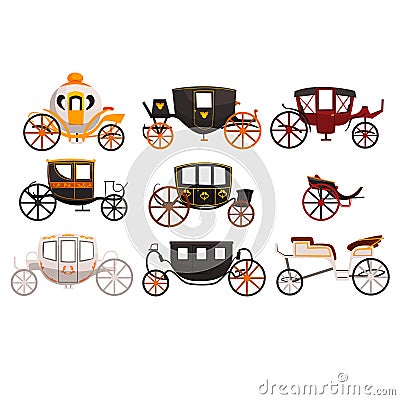 Retro carriages set, vintage transport, brougham, cab, wagon for traveling, wedding carriage vector Illustrations on a Vector Illustration