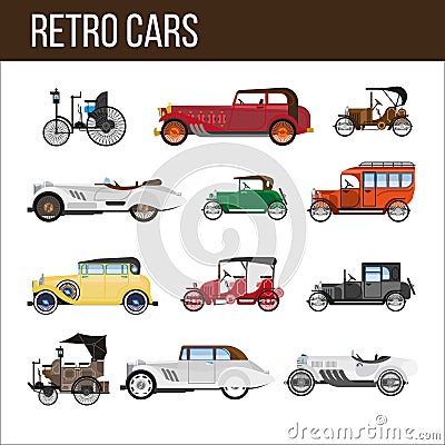 Retro cars with amazing vintage design illlustrations set Vector Illustration