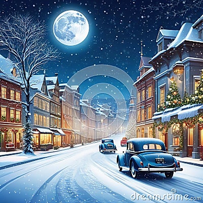 Retro cars in the old town in snowy weather for Cartoon Illustration