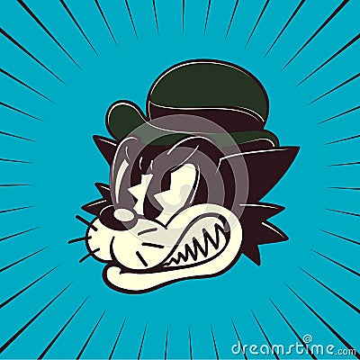 Retro cartoon angry stray cat character grinding teeth Vector Illustration