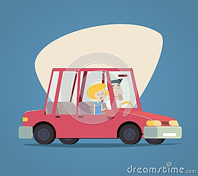 Retro Cartoon Car Happy Male and Female Characters Vector Illustration