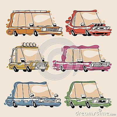 Retro Cartoon Cars Set Vector Illustration