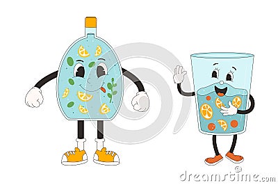 Retro cartoon characters of bottle and glass of citrus water with fruits. Drink rubber hose animation style groovy mascots. Drink Vector Illustration