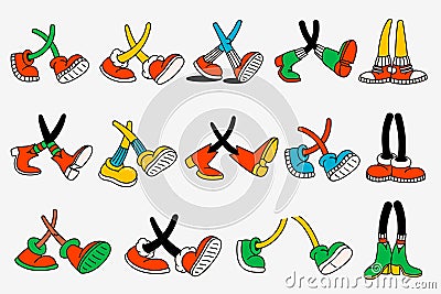 Retro cartoon characters legs. Groovy vintage 30s 60s 70s various feet in different positions and shoes. Vector Illustration