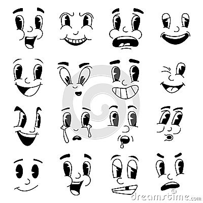 Retro cartoon faces. Fanny mascot emotions from cartoons. 30s 40s 50s hand drawn facial expressions. Emotional Vector Illustration