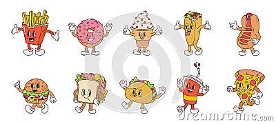 Retro cartoon fast food. Burger, pizza, ice cream vintage style characters. Funny groovy drink and french fries Vector Illustration