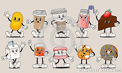 Retro cartoon food and drink. Funny groovy characters of drinks, colorful 80s style alcohol beverage icons. Vector set Vector Illustration