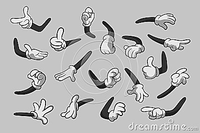 Retro Cartoon Gloved Hands Gestures. Cartoon Hands with Gloves Icon Set Isolated. Vector Clipart - Parts of Body, Arms Vector Illustration