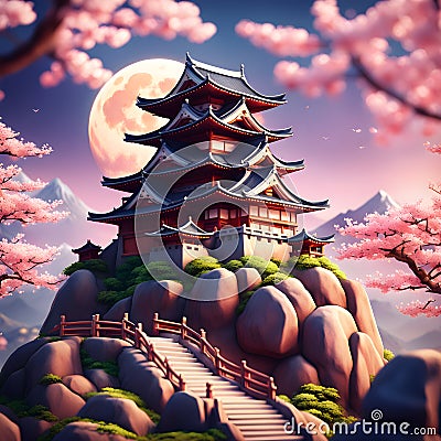 Retro Cartoon japanese castle on a rocky mountain made of clay Cartoon Illustration