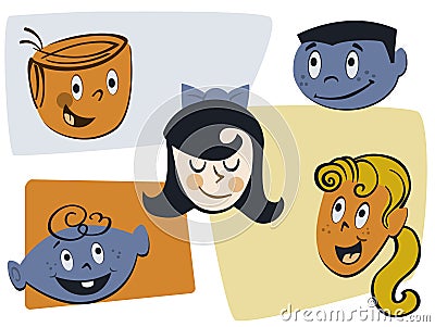 Retro Cartoon Kid Faces Vector Illustration