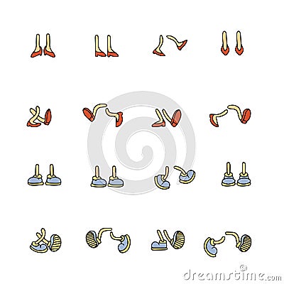 Retro cartoon legs. Vintage comic feet in shoes. Different foot movements and positions. Animation mascot body parts Vector Illustration