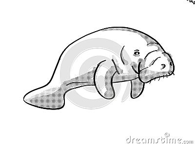 Manatee or sea cow Endangered Wildlife Cartoon Mono Line Drawing Stock Photo