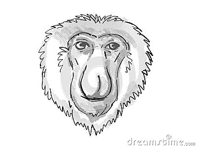 Proboscis Monkey Endangered Wildlife Cartoon Retro Drawing Stock Photo