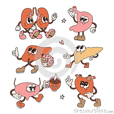 Retro cartoon style internal organs characters set. Groovy vintage isolated design element vector illustration. Kidneys Vector Illustration