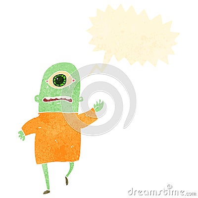 retro cartoon waving alien Vector Illustration