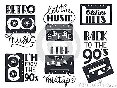 Retro cassette lettering. Hand drawn 90s retro music analogue audio cassette tape phrases, 80s audio record tape Vector Illustration