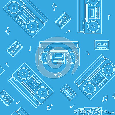 Retro cassette and radio recorder seamless pattern white outline Vector Illustration
