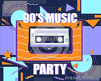 Retro cassette. Songs mix tape technology. Analogue audio record. Listen to music. Old multimedia equipment. 90s musical Vector Illustration