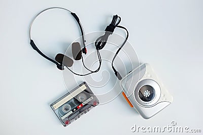 Retro cassette tape and Portable tape player with radio on white floor Stock Photo