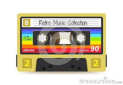 Retro cassette. Vintage 1980s mix tape, stereo sound record technology, old school dj rave party. Vector tape label Vector Illustration