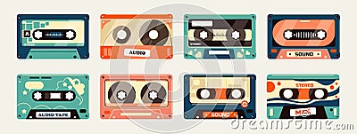 Retro cassette. Vintage 80s tape with stereo music, compact stereo audio tape with DJ music, retro disco sound source Vector Illustration