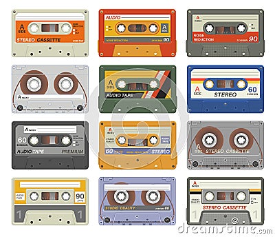 Retro cassettes. Colorful plastic audio cassette vintage media device music technology tapes stereo record images Vector Illustration