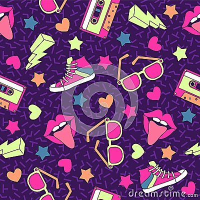 Retro cassettes pattern. Vintage cassette seamless background, stereo record media device. Music disco party 80s, 90s Vector Illustration