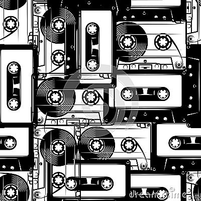 Retro cassettes. Seamless pattern in retro style. Monochrome vector illustration Vector Illustration