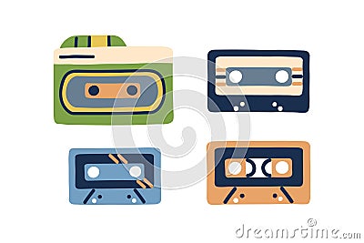 Retro cassettes set. Tape records of 80s and 90s. Old audio music casettes of eighties and nineties. Compact Vector Illustration