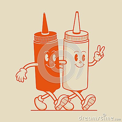 Mayonnaise and Ketchup Character, Retro Mascot Character Vector Illustration