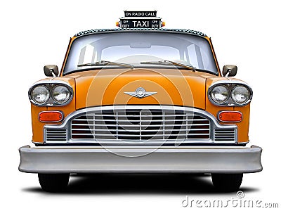 Retro checkered New York yellow taxi front view. Stock Photo