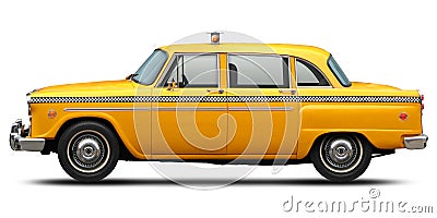 Retro checkered New York yellow taxi side view. Stock Photo