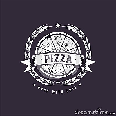 Retro Pizza illustration. Fast food logo design.Vintage cooking badge. Cartoon Illustration