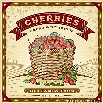 Retro cherry harvest label with landscape Vector Illustration