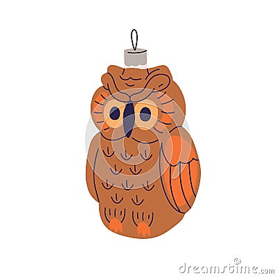 Retro Christmas bauble. Cute funny owl in vintage style. Xmas bird figurine, holiday tree ornament. New Year decoration Cartoon Illustration