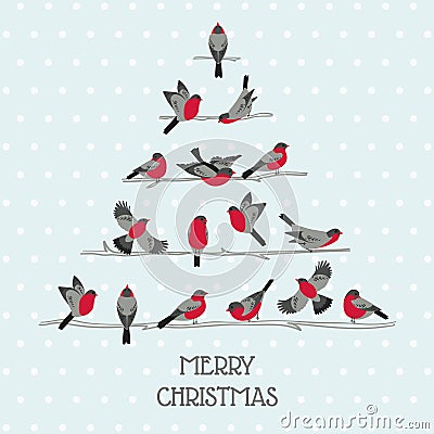 Retro Christmas Card - Birds on Christmas Tree Vector Illustration