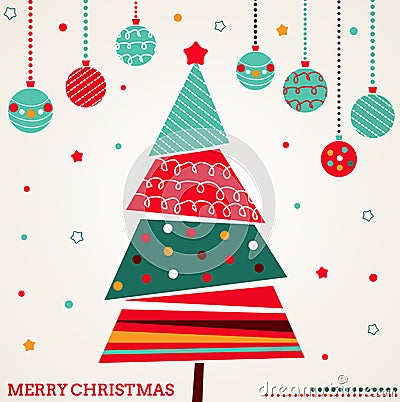 Retro Christmas card with tree and ornaments Vector Illustration