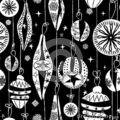 Retro Christmas ornaments seamless pattern. Yuletide black and white vector illustration Cartoon Illustration