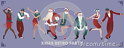 Retro Christmas party. Group of four men and four girls dancing charleston Vector Illustration