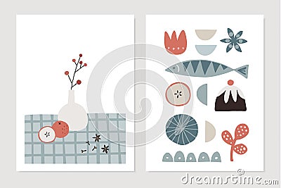 Retro Christmas Scandinavian greeting cards, invitations set. Abstract geometric food objects, icons. Checkered plaid Vector Illustration