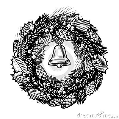 Retro Christmas wreath black and white Vector Illustration