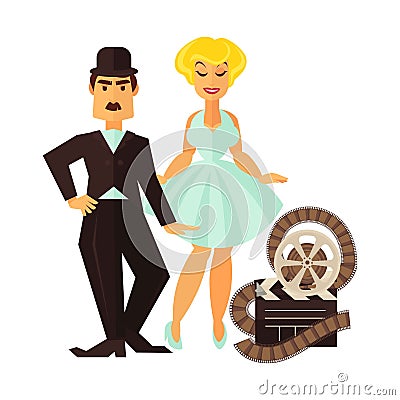 Retro cinema actor and movie actress vector flat cinematography character icon Vector Illustration