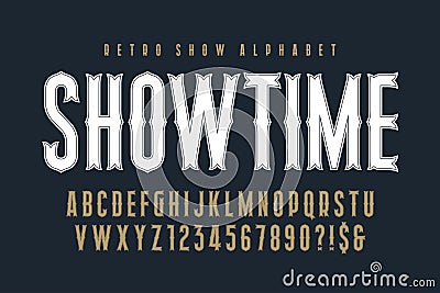 Retro circus alphabet design, cabaret, condensed letters and numbers. Stock Photo