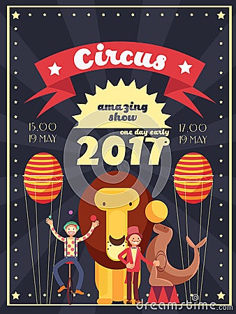 Retro circus entertainment, carnival and holiday show vector poster and invitation design Vector Illustration