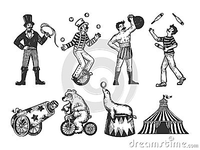 Retro circus performance set sketch vector Vector Illustration