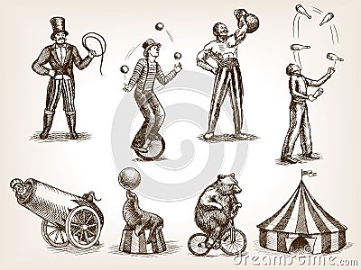 Retro circus performance set sketch vector Cartoon Illustration