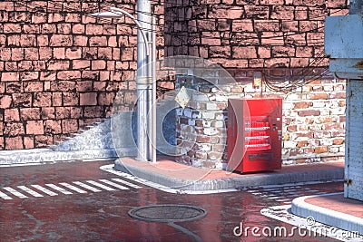 The retro city street with brick buildings by the road, 3d rendering Cartoon Illustration