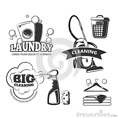 Retro cleaning and laundry services vector labels, emblems, logos, badges set Cartoon Illustration